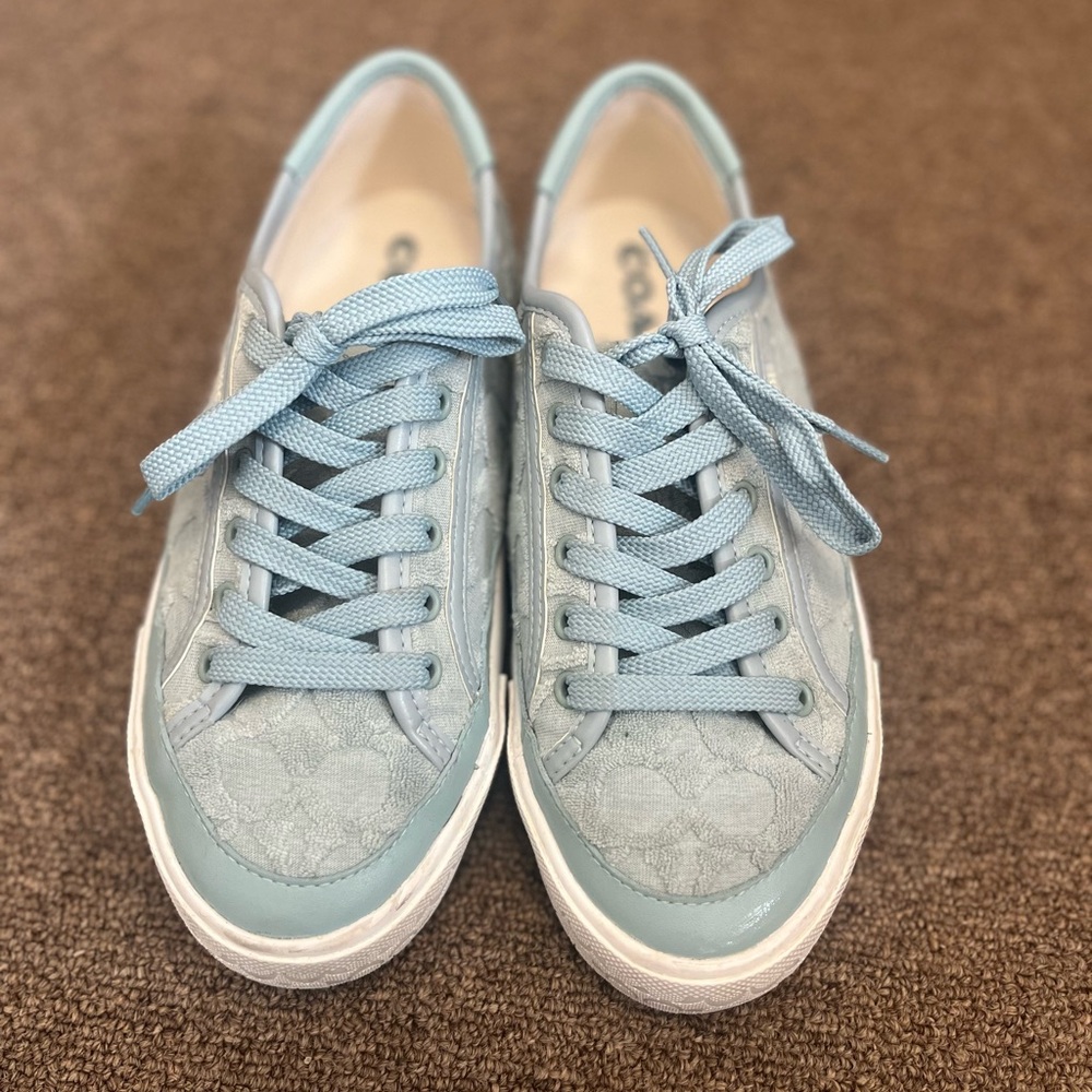 Coach Blue Casual Sneakers with Textured Fabric and White Sole